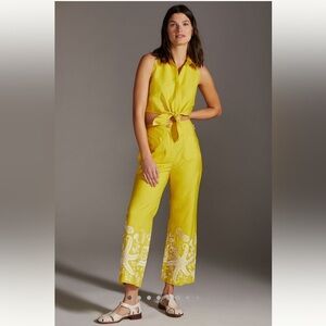Anthropologie Maeve Yellow Tie Front Starfish Embroidered‎ Pant Set Outfit Sz 8